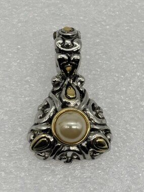 Vintage Premier Designs Renaissance Revival Two Tone Faux Pearl Cabochon Pendant